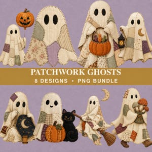Op de afbeelding: Een digitale collectie van acht patchwork spookillustraties met diverse stofpatronen in gedempte tinten. De spoken zijn afgebeeld met pompoenen, een lantaarn, een zwarte kat, een bezem en paddenstoelen. Tekst: PATCHWORK GHOSTS 8 DESIGNS PNG BUNDLE.