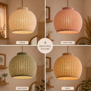 May include: A set of four dome-shaped pendant lamps with a textured, woven crochet-style pattern. The lamps are available in four distinct colors: cream, dusty pink, sage green, and beige. Each lamp hangs from a cord and emits a warm light.