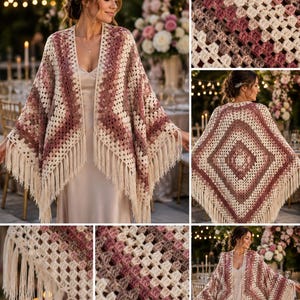 May include: A crochet shawl featuring a diamond-shaped pattern in shades of cream, dusty rose, and mauve. The garment is constructed with a granny square stitch technique and is finished with long, cream-colored fringe along the bottom edges.