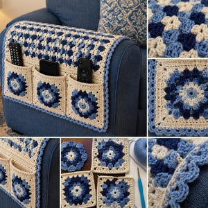 May include: A crochet armchair organiser featuring a blue and cream granny square pattern with three integrated pockets. The organiser is draped over an armchair armrest and includes a scalloped border edge, with individual square motifs shown.