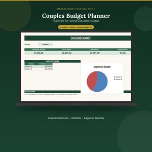 Puede incluir: Un planificador de presupuesto para parejas digital en la pantalla de una computadora portátil, con un panel de control que muestra datos de ingresos, gastos y ahorros. La interfaz incluye una tabla de reparto de ingresos y un gráfico circular.