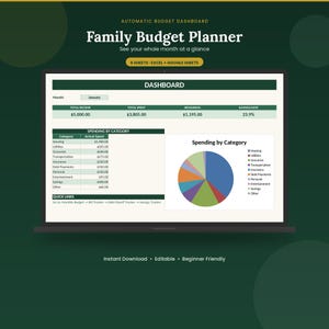 Puede incluir: Un panel digital de planificación de presupuesto familiar mostrado en una pantalla de portátil. La interfaz incluye un resumen mensual, una tabla de gastos por categoría, un gráfico circular de colores y enlaces rápidos de seguimiento.