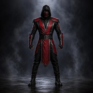Könnte beinhalten: Ein Ganzkörperkostüm bestehend aus einer schwarz-roten Kaputzentunika mit strukturierten Schulterpolstern, passenden Unterarmschienen und einem Gürtel. Das Set umfasst eine schwarze Hose, Stiefel und eine dunkle Gesichtsmaske.