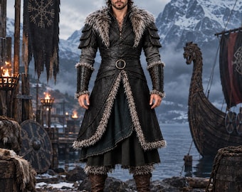 Könnte beinhalten: Eine Person trägt einen schwarzen, strukturierten langen Mantel mit Kunstfellkragen und -besatz über einer dunklen Tunika und einem Rock. Das Outfit umfasst passende schwarze Armschienen und braune Lederstiefel mit detaillierten Nähten.