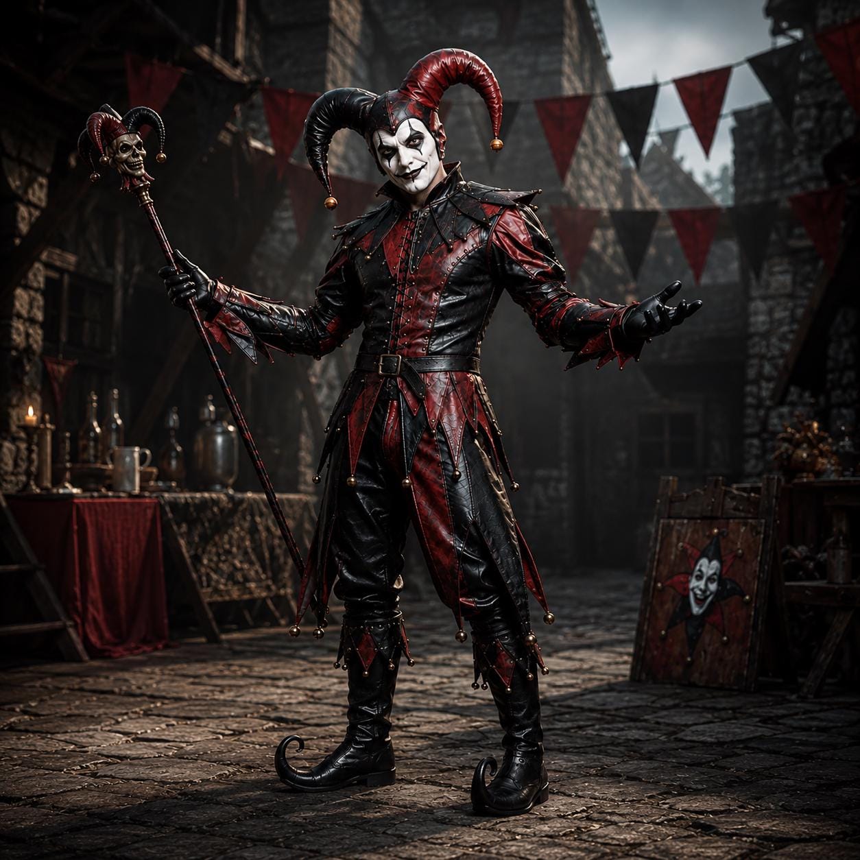Genuine Leather Jester Costume - Black Red Medieval Carnival Gothic Fool Attire