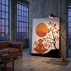 May include: A rectangular wall art print featuring a stylized orange monkey sitting in a meditative pose with hands on knees. Beside the monkey is a black silhouette of a tree with orange leaves, set against a large orange sun and a black ground.