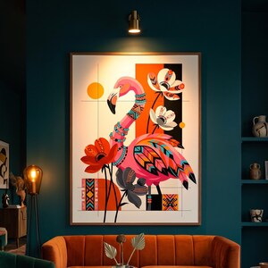 May include: A framed wall art print featuring a stylized pink flamingo adorned with geometric patterns and beaded necklaces, surrounded by large red, white, and dark gray flowers against a white background with orange and black rectangular accents.
