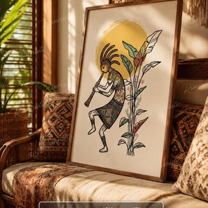 May include: A framed wall art print featuring a stylised illustration of a figure playing a flute beside tall tropical leaves against a large yellow sun. The artwork includes the text you will get files SVG, PDF, PNG at the bottom.