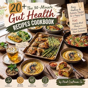 Puede incluir: Un libro de cocina titulado 20+ The 30-Minute Gut Health Recipes Cookbook de Pixel Craftmen Co. La portada muestra una variedad de platos saludables que incluyen pollo asado, espárragos, salmón, avena con fruta y un burrito sobre una mesa de madera.