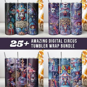 Peut inclure: Un lot de fichiers numériques comprenant plus de 25 motifs d'habillage pour gobelets sur le thème The Amazing Digital Circus. Les gobelets cylindriques présentent des illustrations colorées de personnages, de chapiteaux, de masques et de pièces d'échecs.