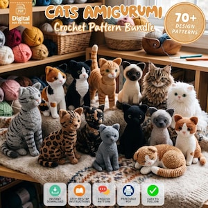 Puede incluir: Un paquete de patrones PDF digitales titulado CATS AMIGURUMI Crochet Pattern Bundle con más de 70 diseños. La imagen muestra una colección de varias figuras de gatos tejidas a ganchillo en diferentes colores, patrones y poses sobre una superficie texturizada.