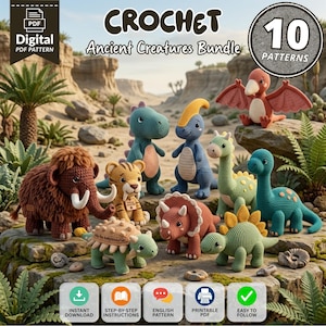 Peut inclure: Un ensemble de modèles de crochet PDF numériques intitulé Ancient Creatures Bundle comprenant 10 modèles. L'image présente divers animaux préhistoriques crochetés, dont un mammouth, un tigre à dents de sabre et plusieurs dinosaures.