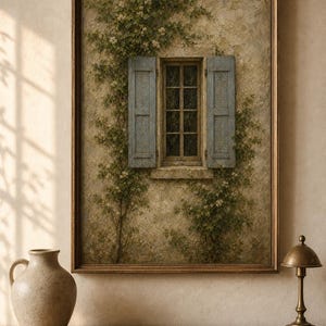 Könnte beinhalten: Ein gerahmter Kunstdruck, der eine Steinmauer mit einem Fenster mit verwitterten blauen Fensterläden und kletternden grünen Ranken mit kleinen weißen Blüten zeigt. Das Bild steht auf einer Holzoberfläche neben einem Keramikkrug und einer Lampe.