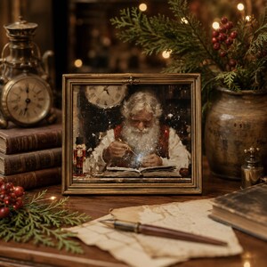 May include: A square framed print featuring an illustration of a white-bearded person in a red vest working at a desk with an open book and a small nutcracker figurine. The artwork is set in a gold-toned frame with a classic, detailed aesthetic.