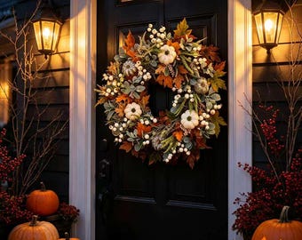 Beleuchteter weißer Kürbis-Herbstkranz, beleuchteter Ahornblatt-Türkranz für Thanksgiving