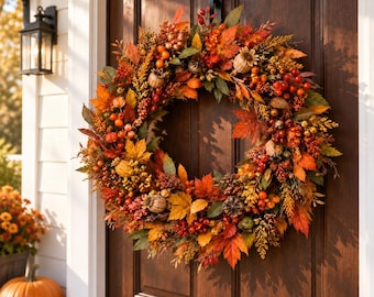 Fall Wreath for Front Door, Berry Pumpkin Autumn Decor, Thanksgiving Harvest Door Hanging