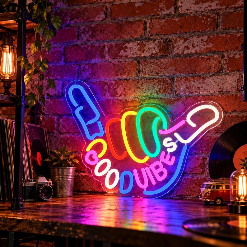 Good Vibes Neon Sign, Colorful Shaka Hand LED Light, Retro Wall Decor ...