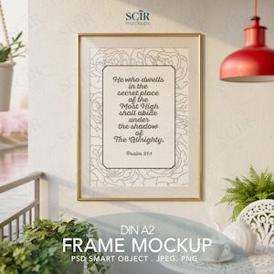 A2 Vertical Poster Frame Mockup, Thin Gold Border Mockup PSD Smart Object, Wall Art Print, ISO Ratio, Romantic Balcony Scene Png Jpg