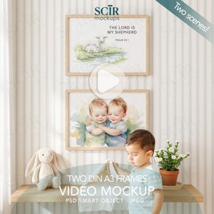 May include: Two light wood frames containing wall art. The top frame shows a watercolor illustration of sheep with the text THE LORD IS MY SHEPHERD PSALM 23:1. The bottom frame displays a watercolor portrait of two children hugging each other.