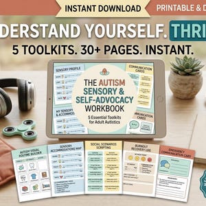 Puede incluir: Una tableta digital muestra The Autism Sensory & Self-Advocacy Workbook with 5 Essential Toolkits for Adult Autistics. Cinco tarjetas impresas están dispuestas debajo, con títulos como Autism Visual Builder y Emergency Communication Card.