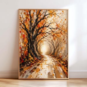 May include: A vertical rectangular wall art print featuring an impressionistic painting of a tree-lined path in autumn. The scene displays dark tree trunks and branches with vibrant orange, yellow, and red foliage, creating a tunnel effect over a path.