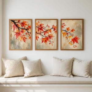 Hösttapet med lönnlöv, set med 3, vintage japanska akvarelltryck, höstbotanisk dekor, rustik neutral tavelvägg