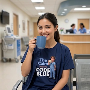 Könnte beinhalten: Ein kurzärmeliges, marineblaues T-Shirt mit einer Grafik einer Cartoon-Krankenpflegeperson, die eine Tasse hält, sowie dem Text The Calm before CODE BLUE. Das Shirt wird mit einem passenden marineblauen Kasack und einer blauen Tasse getragen.