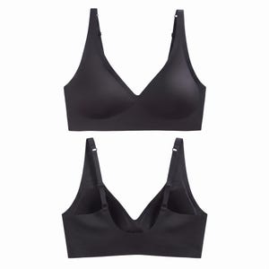 May include: A set of two black wireless bras featuring a deep V-neckline, smooth seamless fabric, and adjustable shoulder straps. The top bra shows the front view with molded cups, while the bottom bra displays the back view with a U-shaped design.