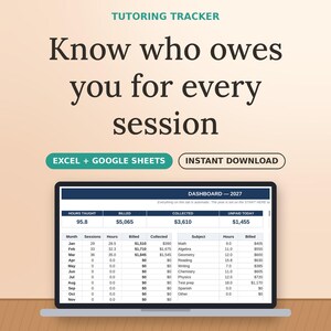 May include: A digital tutoring tracker spreadsheet displayed on a laptop screen. The interface features a 2027 dashboard with columns for hours taught, billed, collected, and unpaid amounts, alongside monthly and subject-specific data tables.