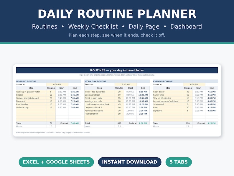 Daily Routine Planner, Morning Checklist Template, Evening Schedule ...