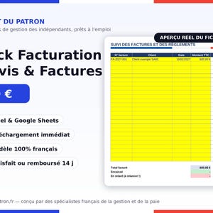 Peut inclure: Un modèle de feuille de calcul numérique pour devis et factures intitulé LE KIT DU PATRON. Le document présente un tableau de suivi des factures et des règlements avec des colonnes pour le numéro de facture, le client, la date et le montant.