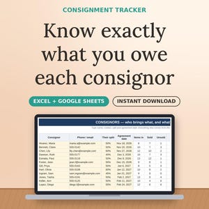 Consignment Spreadsheet, Consignor Payout Tracker, Resale Shop Inventory Template, Excel & Google Sheets