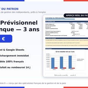 May include: A digital business management template titled Le Kit du Patron featuring a 3-year bank forecast document. The layout includes a financial summary table, a bar chart showing revenue and net income, and text labels in French for Excel and Google Sheets.