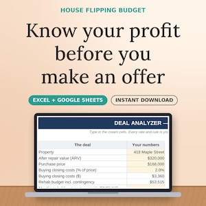 House Flipping Spreadsheet, Fix and Flip Calculator, Rehab Budget Template, Excel & Google Sheets