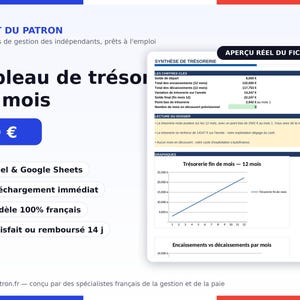 May include: A digital financial management template titled LE KIT DU PATRON featuring a 12-month cash flow statement, "Tableau de trésorerie 12 mois," with a line graph showing monthly cash flow trends and a summary table of key financial figures.