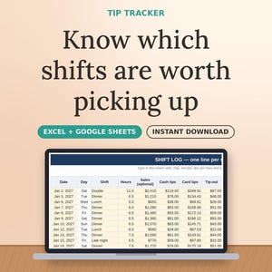 Tip Tracker Spreadsheet, Server Tips Log, Bartender Waitress Income Template, Excel & Google Sheets