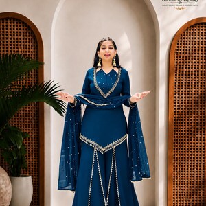 Conjunto de traje palazzo de cristal romano / Bordado con espejos auténticos, dupatta de seda Chanderi con perlas