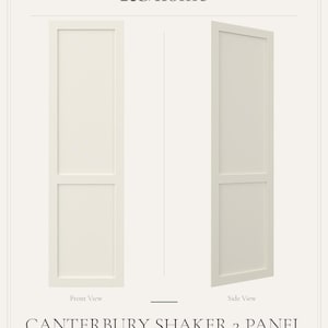 May include: A white Canterbury Shaker 2 panel door shown in front and side views. The text RG home, Canterbury Shaker 2 Panel, 2 Panel, and Wimborne White are visible. The door features a simple rectangular frame with two recessed panels.