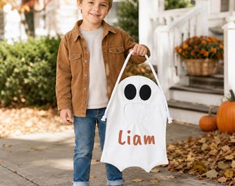 Personalized Ghost Trick or Treat Bag, Custom Name Embroidered Halloween Candy Tote, Kids Costume Accessory and Party Bag for Boys Girls
