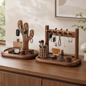 Wooden Key Holder Stand: Watch Tray, Glasses Rack, Retro Entryway Organizer Set