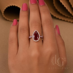 Pear Cut Ruby Red Moissanite Halo Ring, Rose Gold Vintage Engagement Bridal Band