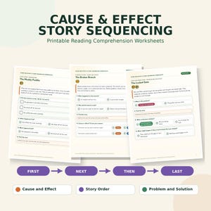 Cause and Effect Worksheets | Story Sequencing & Problem Solution Reading Comprehension Activities | Printable PDF