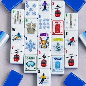 Jeu de Mahjong américain sur le thème du ski, tuiles après-ski, jeu de montagne hivernal, cadeau pour les passionnés de ski, 152 ou 160 tuiles