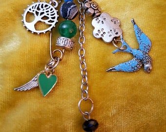 The Dryad - Cluttercore Bag Charm Cluster Keychain Zipper Pull - Bird Heart Tree Moon Beaded Pendant - FREE US SHIPPING