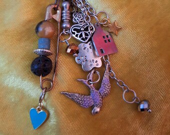 The Hermit - Cluttercore Bag Charm Cluster Keychain Zipper Pull - Heart Butterfly Sparrow Flower House Beaded Pendant - FREE US SHIPPING