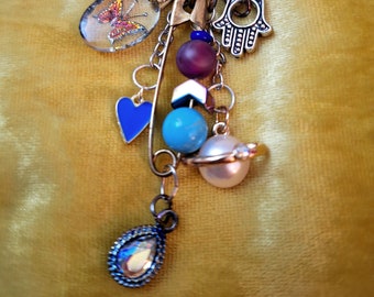 The Bohemian - Cluttercore Bag Charm Cluster Keychain Zipper Pull - Purple Hamsa Saturn Celestial Beaded Pendant - FREE US SHIPPING