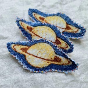 May include: Three felt patches in the shape of Saturn with a blue outer ring and a yellow inner ring. The patches are sewn with a zig-zag stitch around the edges.