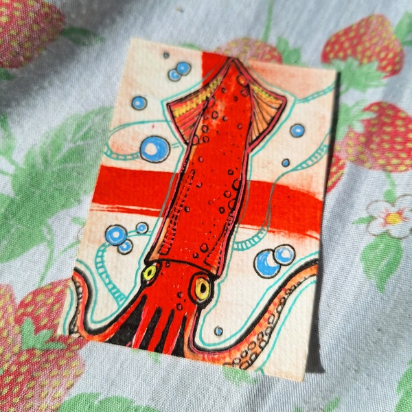 Humboldt Squid - ACEO Artist Trading Card - Trades & Swaps Welcome (Please Read Description) - Watercolor Mixed Media Mini Painting