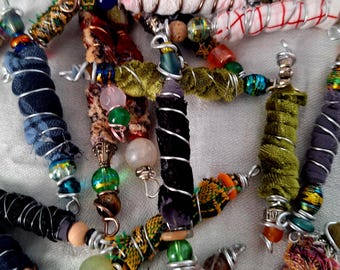 Bohemian Beads - Set of 3 - Unique Fabric Scrap Connector Charms - FREE US SHIPPING