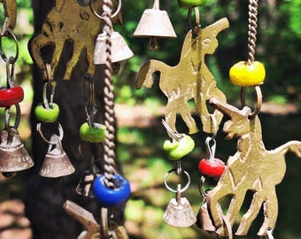 Vintage Brass Unicorn Whimsical Wind Chime Mobile - Beaded Fairytale Bells Bohemian Decor
